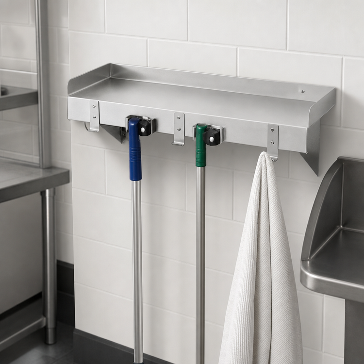 Product image #3 for Advance Tabco 36-Inch Wall-Mounted Stainless Steel Utility Shelf with Mop Holders and Rag Hooks