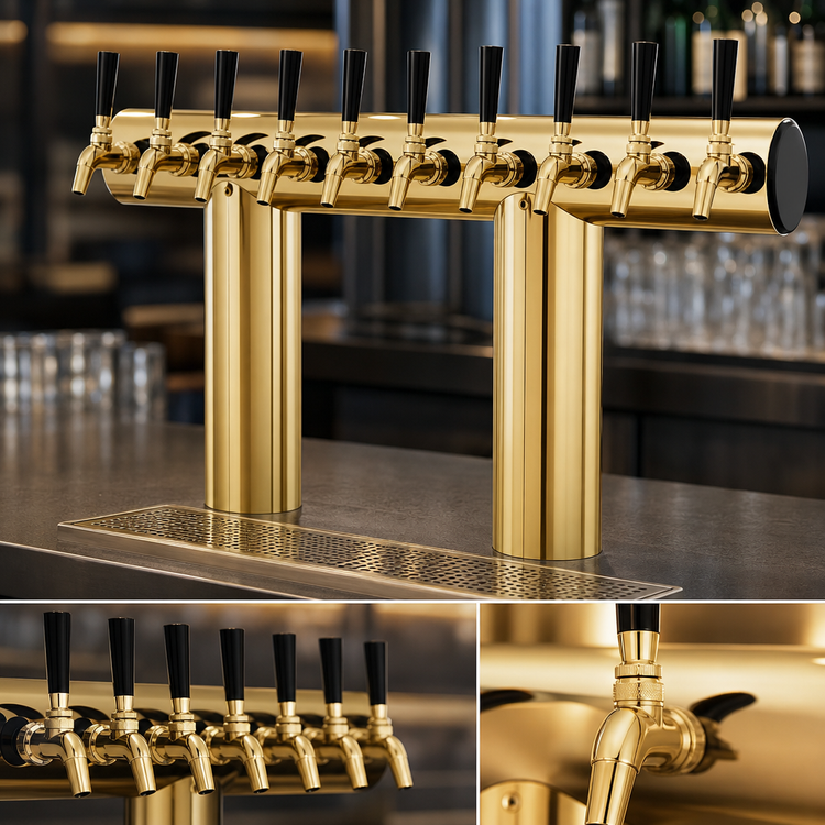 Product image #3 for Perlick 8-Faucet Glycol-Cooled Winged Bridge Countertop Draft Tower, Tarnish-Free Brass