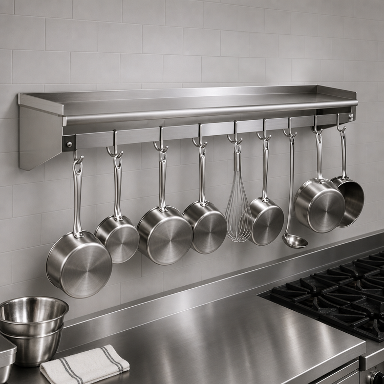 Product image #3 for Eagle Group Wall-Mount Stainless Steel Pot Rack Shelf with 9 Hooks, 108-Inch W x 15-Inch D