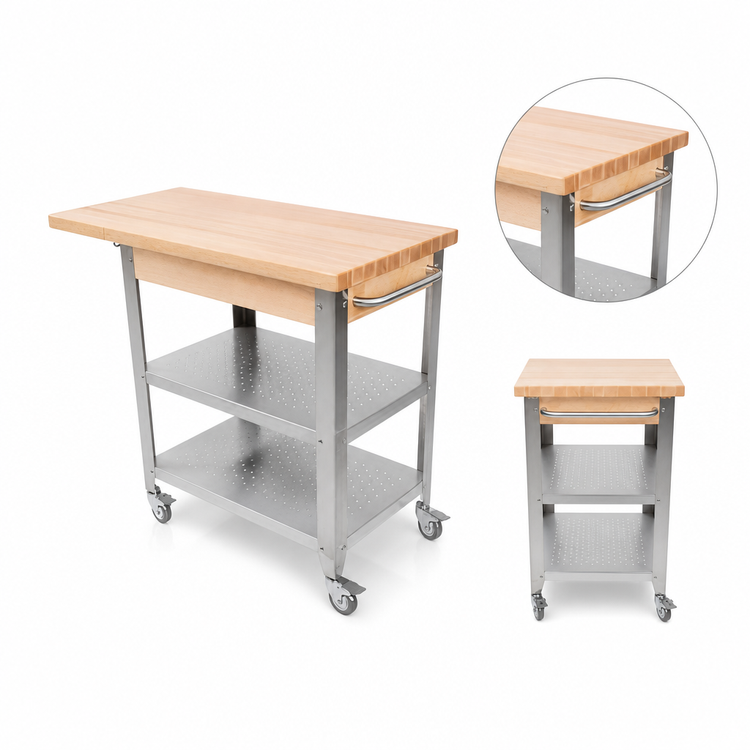 Product image #4 for John Boos Cucina Elegante 40 Inch x 20 Inch Mobile Maple Butcher Block Cart with Stainless Steel Shelves
