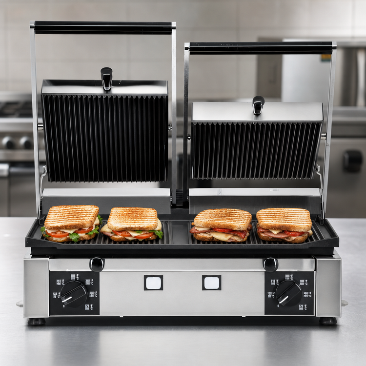 Product image #3 for Trento Double Countertop Panini Press Sandwich Grill, 10 x 19 Inch Cast Iron Ribbed Plates, 220V