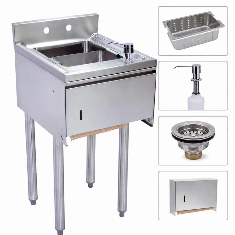 Product image #3 for BK Resources 15-Inch Stainless Steel Underbar Dump Sink with Soap and Towel Dispenser