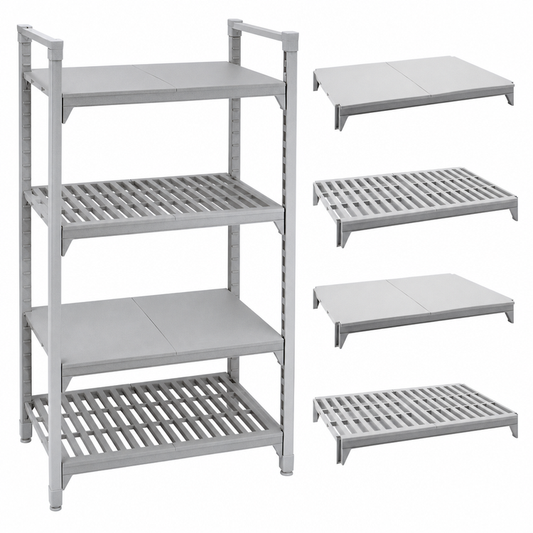 Product image #4 for Cambro Camshelving Premium 24" x 24" 4-Shelf Vented and Solid Polymer Shelf Kit, Speckled Gray