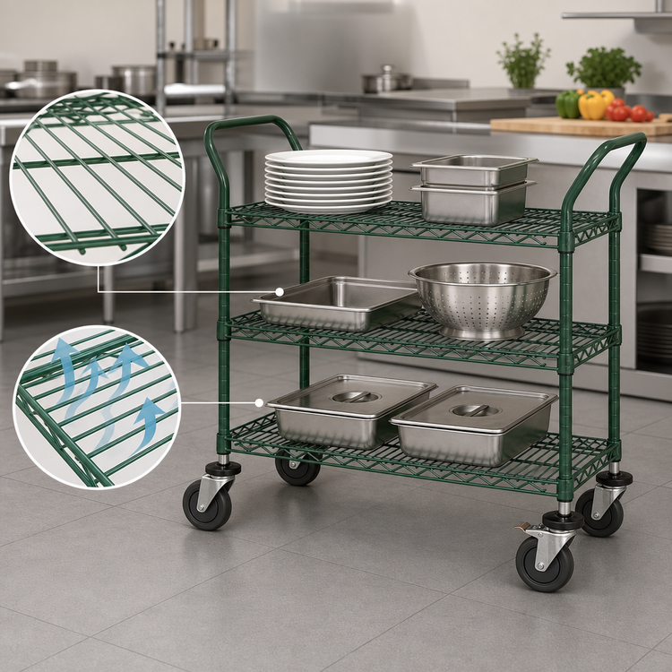 Product image #3 for Quantum 3-Shelf Wire Utility Bus Cart, 42 x 18 x 37-1/2 Inches, Green Epoxy Antimicrobial Finish