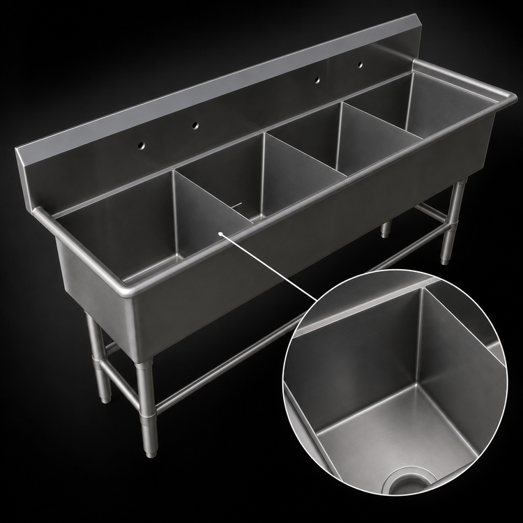 Product image #3 for John Boos Pro-Bowl 4-Compartment Freestanding Stainless Steel Sink with 10-Inch Boxed Backsplash