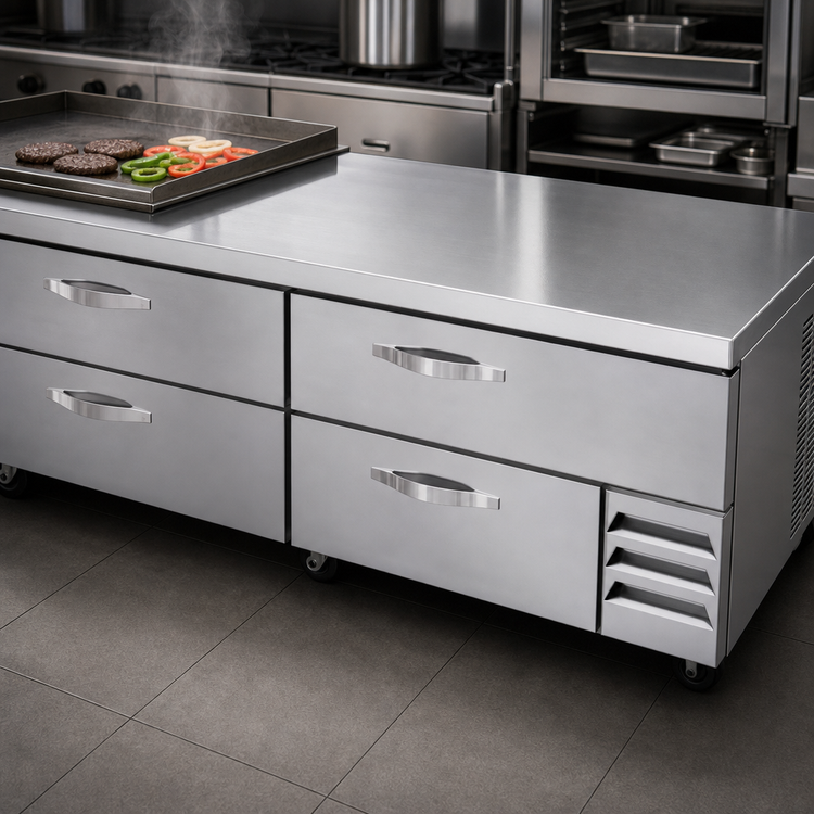 Product image #4 for Beverage-Air 84-Inch Four-Drawer Chef Base Refrigerator with Stainless Steel Top and Side-Mounted Self-Contained R290 Refrigeration