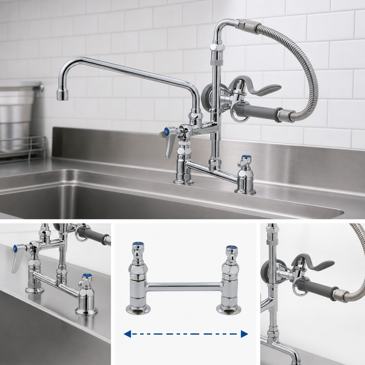Product image #3 for T&S Brass 8-Inch Centers Deck-Mount Add-On Mixing Faucet with 12-Inch Swing Nozzle, 20-Inch Hose, and 1.15 GPM Spray Valve