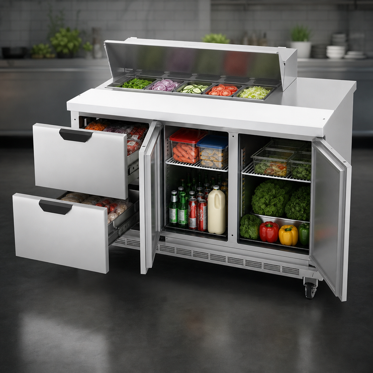 Product image #4 for Beverage-Air 72-Inch Three-Section Sandwich Top Refrigerated Prep Table with 2 Doors and 4 Drawers