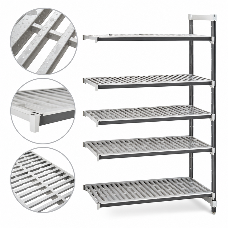 Product image #3 for Cambro Camshelving Elements XTRA 5-Tier Vented Stationary Add-On Polymer Shelving Unit, 24" x 24" x 72", Speckled Gray
