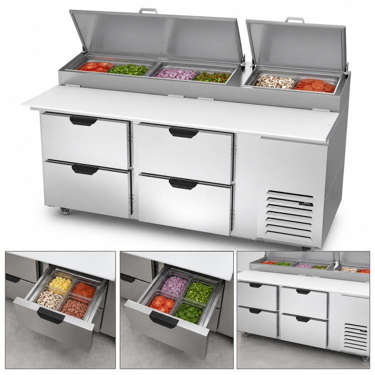 Product image #3 for Beverage-Air DPD72HC-4 Two-Section Refrigerated Deli/Pizza Prep Table with Four Drawers, 72-Inch Top, and 19-Inch Cutting Board