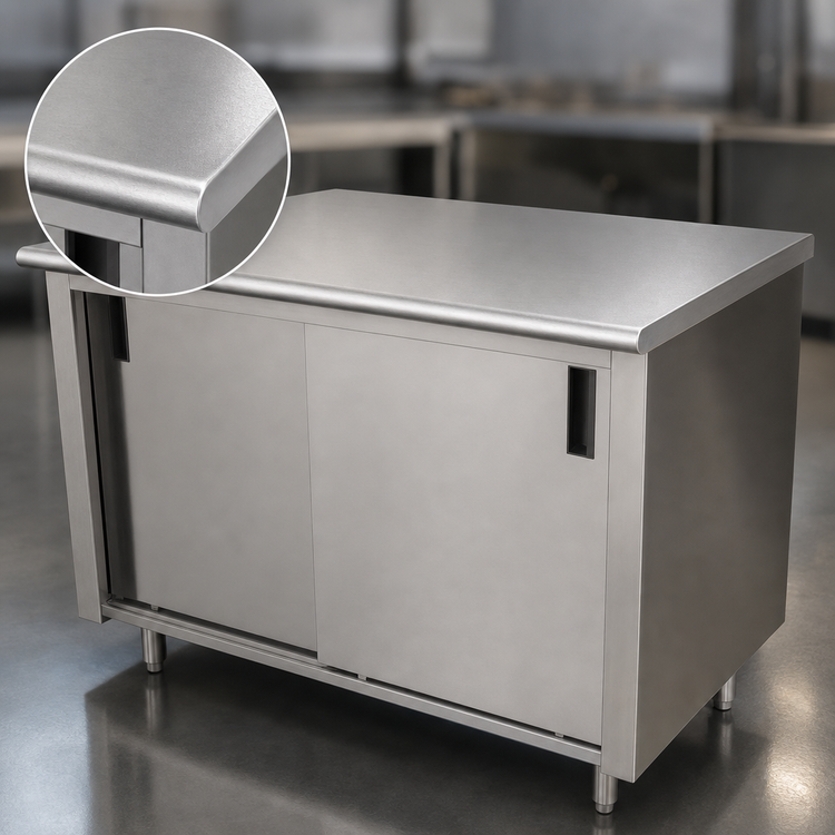 Product image #3 for Advance Tabco 60 x 30 Inch Enclosed Work Table with Cabinet Base, Mid-Shelf and Sliding Doors, 14 Gauge 304 Stainless Steel Top