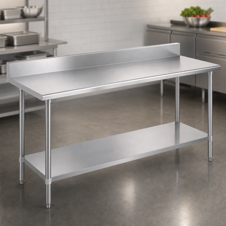 Product image #3 for Duke 72-Inch x 30-Inch 14-Gauge 300 Series Stainless Steel Work Table with 5-Inch Riser and Galvanized Undershelf