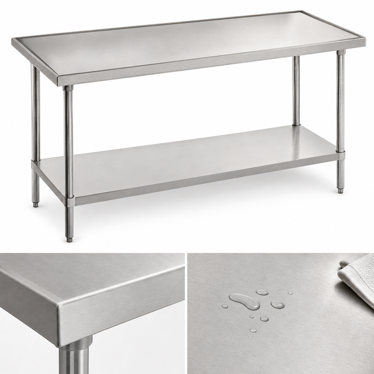 Product image #3 for Advance Tabco 108-Inch x 48-Inch 14-Gauge 304 Stainless Steel Work Table with No-Drip Edge and Galvanized Undershelf