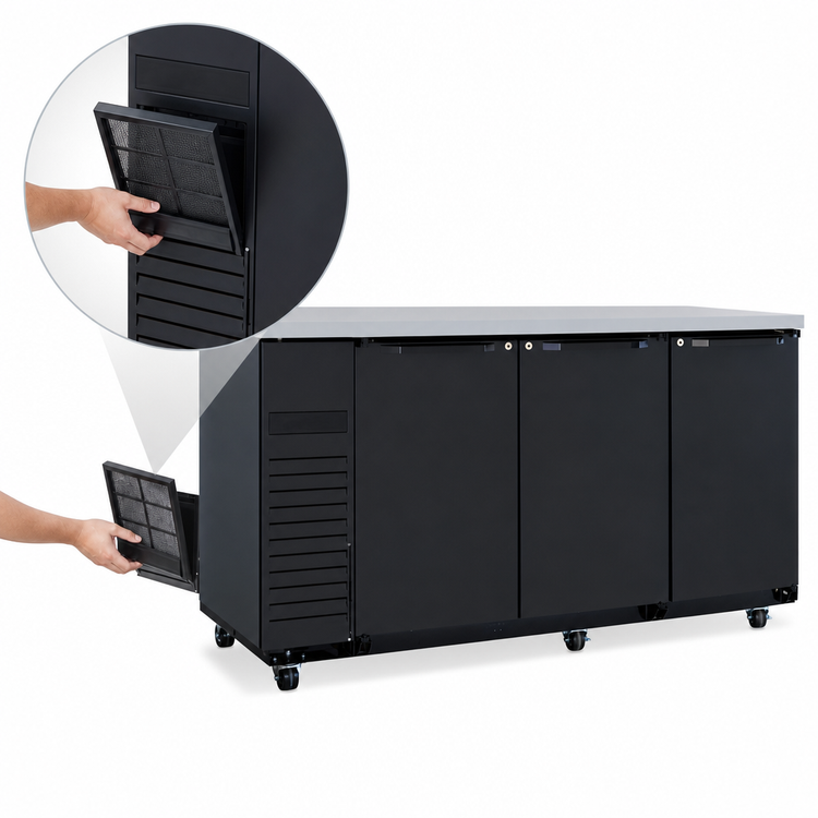 Product image #3 for Turbo Air Super Deluxe Narrow Back Bar Cooler, 3 Solid Doors, 73-1/8 Inch Wide, 20.62 Cu. Ft., Self-Contained, R-600a
