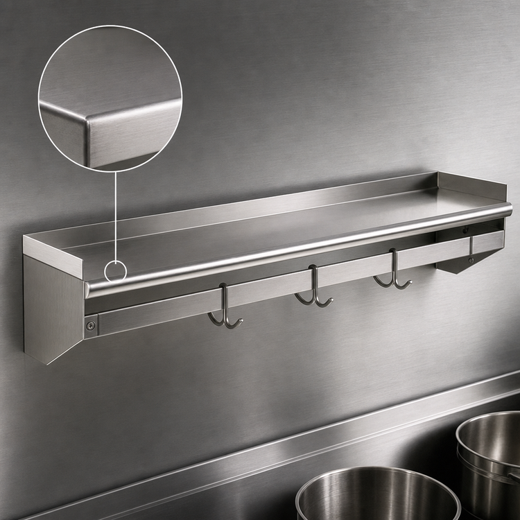 Product image #3 for Eagle Group Wall-Mounted Stainless Steel Pot Rack Shelf with 3 Removable Hooks, 36 Inch W x 12 Inch D