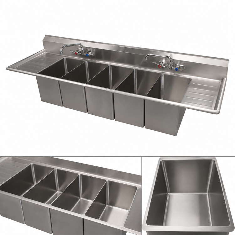 Product image #4 for BK Resources Slim-Line Four-Compartment Stainless Steel Underbar Sink with Left and Right Drainboards, 72 Inch