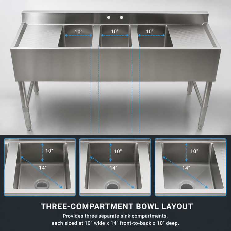 Product image #3 for 18/304 Stainless Steel Three-Compartment Underbar Sink with Left and Right Drainboards, 59-1/2 Inch Wide