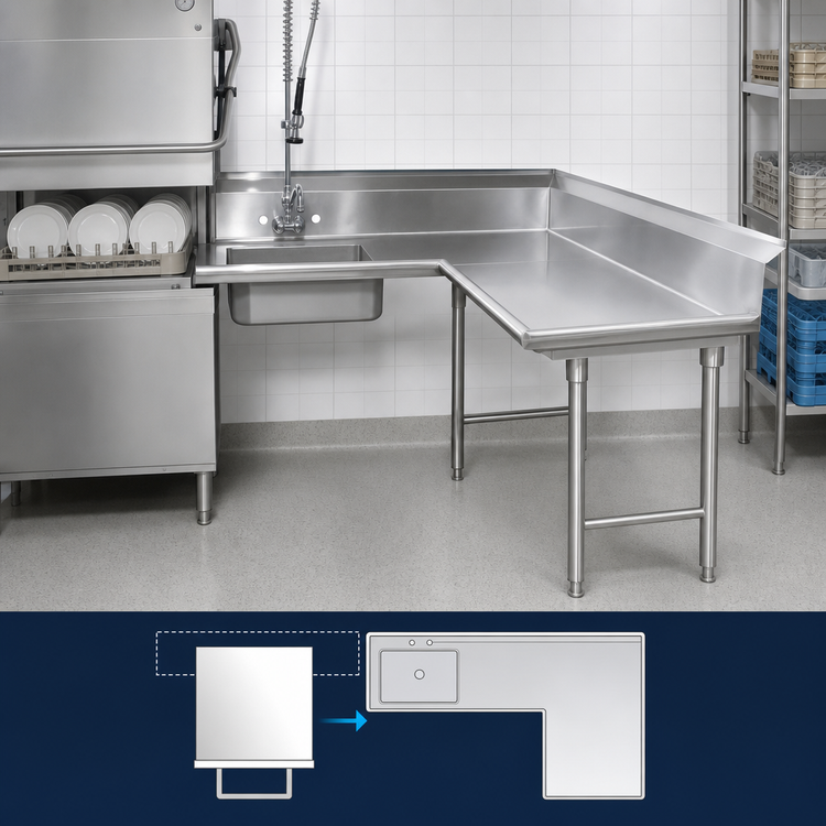 Product image #3 for Advance Tabco Korner Soil L-Shaped Right-Hand Dish Table with Pre-Rinse Sink, 143-Inch, 16-Gauge 304 Stainless Steel