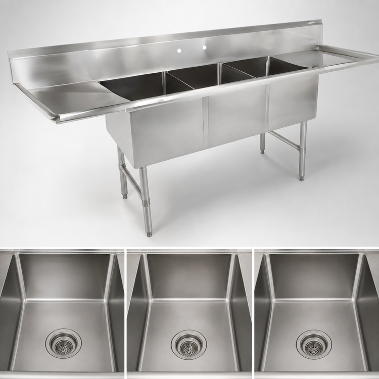 Product image #3 for John Boos B Series 3-Compartment Stainless Steel Sink with Left and Right Drainboards, 123-1/4 Inch W x 35-1/2 Inch D x 44 Inch H