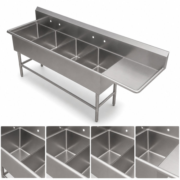 Product image #3 for John Boos Pro-Bowl 4-Compartment Sink with 24-Inch Right Drainboard, 92-3/16 Inch W x 25-1/2 Inch D, 14-Gauge Stainless Steel