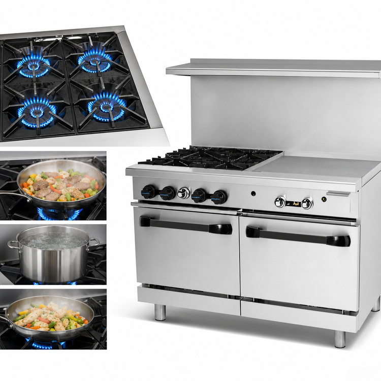 Product image #3 for Turbo Air Bake Tech Innovation 48-Inch Commercial Gas Range with 4 Open Burners, 24-Inch Right-Side Griddle and 2 Standard Ovens