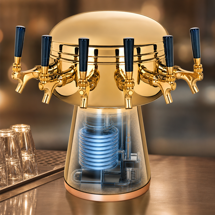 Product image #3 for Micro Matic Mushroom 6-Faucet Countertop Glycol-Cooled Draft Beer Tower, Polished Brass Finish