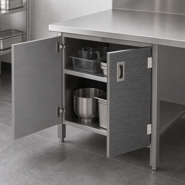 Product image #3 for John Boos Enclosed Base Stainless Steel Work Table with Hinged Doors and Undershelf, 72 x 30 Inches