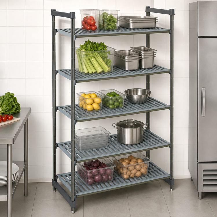 Product image #3 for Cambro Camshelving Basics Plus 5-Shelf Stationary Starter Unit, 24 x 48 x 64 Inch, Vented Polymer Shelving, Brushed Graphite