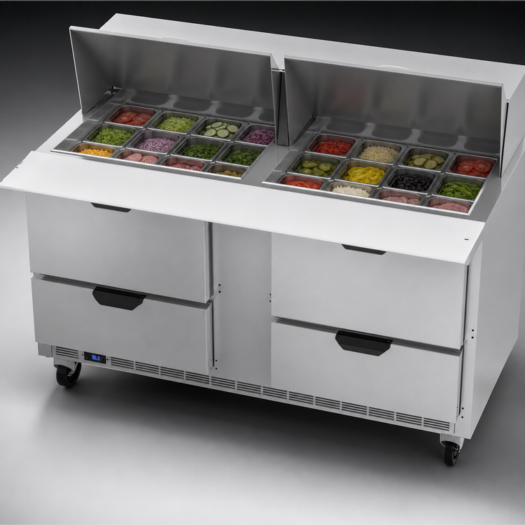 Product image #4 for Beverage-Air SPED60HC-24M-4 Two-Section 60-Inch Mega Top Sandwich Prep Table Refrigerator with 4 Drawers
