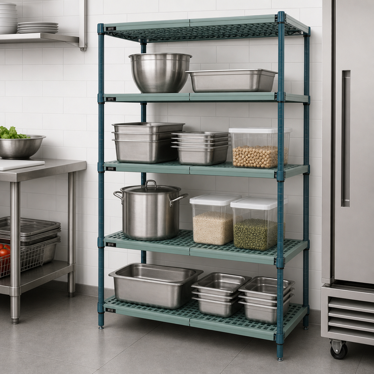 Product image #3 for Quantum 4-Tier Stationary Wire Plastic Mat Shelving Unit, 60 x 14 x 63 Inch, Green Epoxy