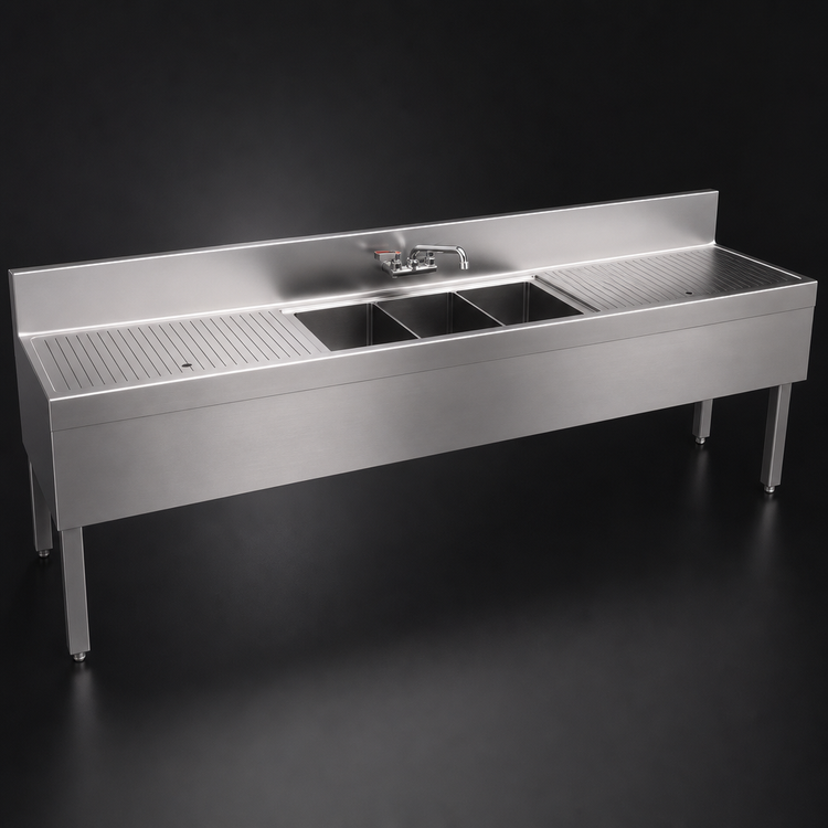 Product image #3 for Glastender Three-Compartment Stainless Steel Underbar Sink Unit with Left and Right 30-Inch Drainboards