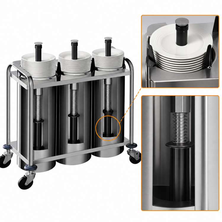 Product image #3 for Atlas Metal 3-Stack Heated Self-Leveling Mobile Open Plate Dispenser for 5-Inch Round Plates