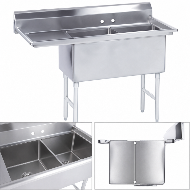 Product image #3 for Advance Tabco 2-Compartment Fabricated Stainless Steel Sink with 18-Inch Left Drainboard, 20 x 30 x 14-Inch Bowls