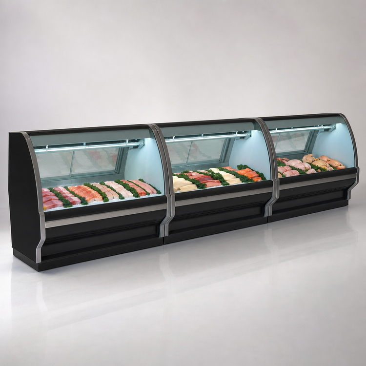 Product image #3 for Howard-McCray 40E Series Remote Curved Glass Fish and Poultry Refrigerated Display Case, 75-1/2 Inch Wide, Black Exterior/White Interior, LED Lighting
