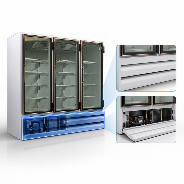 Product image #3 for Howard-McCray Three-Section Glass Door Merchandiser Refrigerator, Bottom-Mount Self-Contained, Stainless Steel, 65 Cu. Ft.