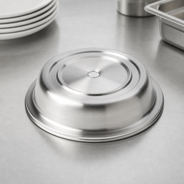 Product image #3 for American Metalcraft 12-Inch Round Stainless Steel Plate Cover with Finger Hole, Standard Foot