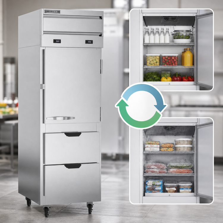Product image #3 for Beverage-Air Cross Temp 1-Section Reach-In Convertible Refrigerator/Freezer with 1 Solid Door, 2 Drawers, and 2 Shelves
