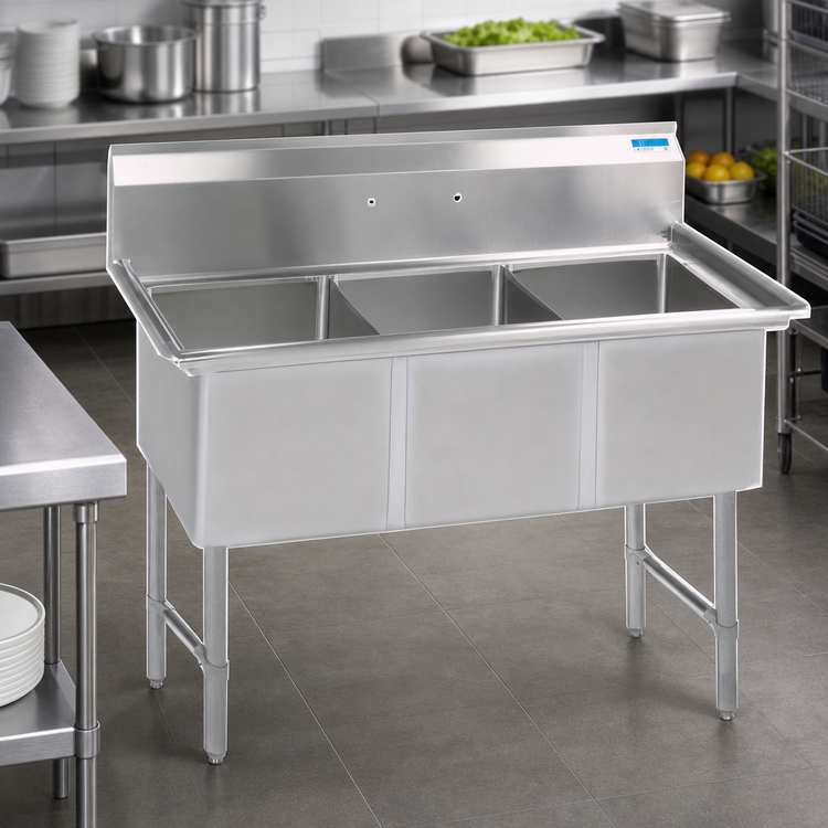 Product image #3 for BK Resources Commercial Three-Compartment Stainless Steel Sink, 59-1/8 x 23-1/2 x 44-1/16 Inches