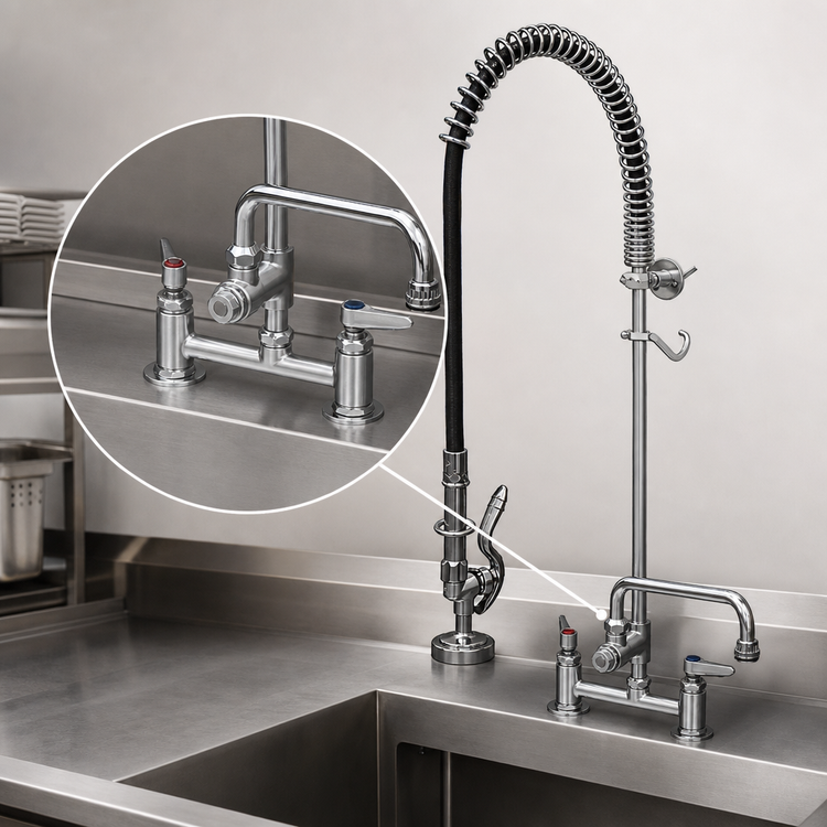 Product image #3 for T&S EasyInstall 8" Deck Mount Pre-Rinse Unit with Add-On Faucet, Spring Action Gooseneck and 44" Hose