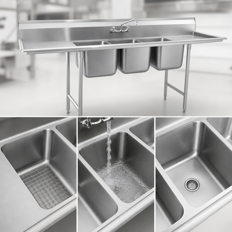 Product image #3 for Eagle Group 314 Series Three-Compartment 304 Stainless Steel Sink with 9-1/2 Inch Backsplash