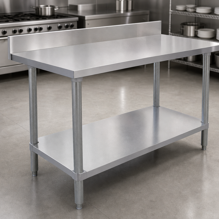 Product image #3 for Omcan Standard Series 84 Inch x 24 Inch Stainless Steel Work Table with 4 Inch Backsplash, Galvanized Undershelf, and 6 Legs