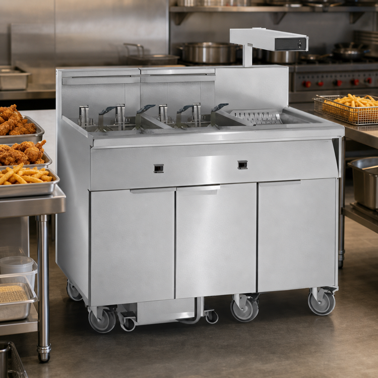 Product image #3 for Three-Battery Electric Floor Fryer with 75 lb. Tanks, Built-In Filter System and Dump Station