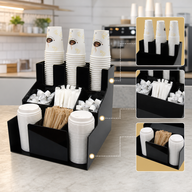 Product image #3 for Winco Countertop 3-Tier Cup & Lid Organizer, 4 Compartments, Black ABS Plastic