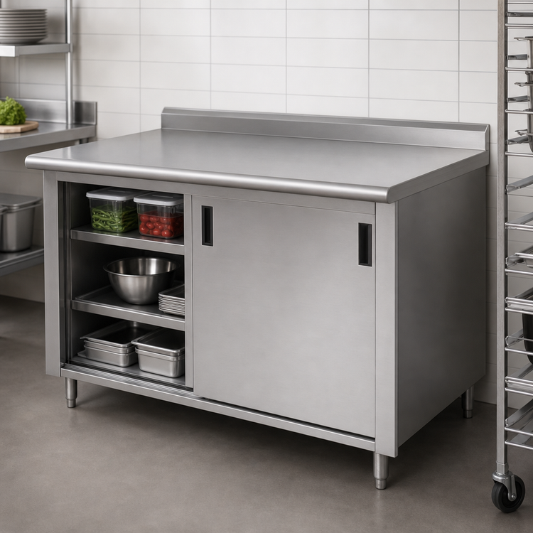 Product image #3 for Advance Tabco 84-Inch x 30-Inch Enclosed Work Table with Sliding Doors and 14-Gauge 304 Stainless Steel Top