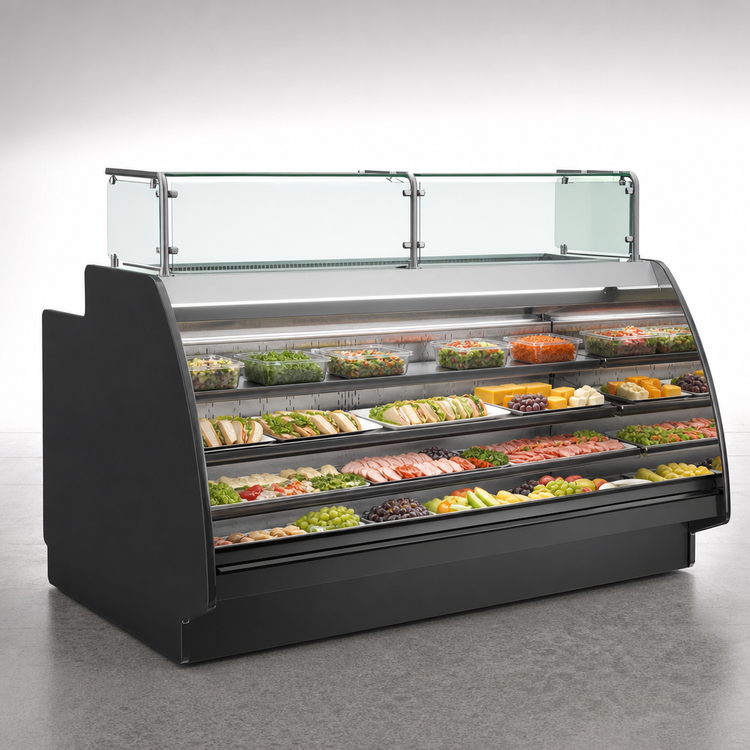 Product image #3 for Structural Concepts Fusion® Open Curved Preparation/Self-Service Refrigerated Display Case with Rear Storage, Remote DX, 123-1/4 Inch Wide