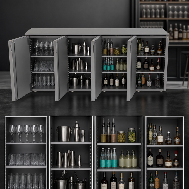 Product image #3 for Glastender DS96 96-Inch Non-Refrigerated Four-Section Back Bar Dry Storage Cabinet with Solid Hinged Doors