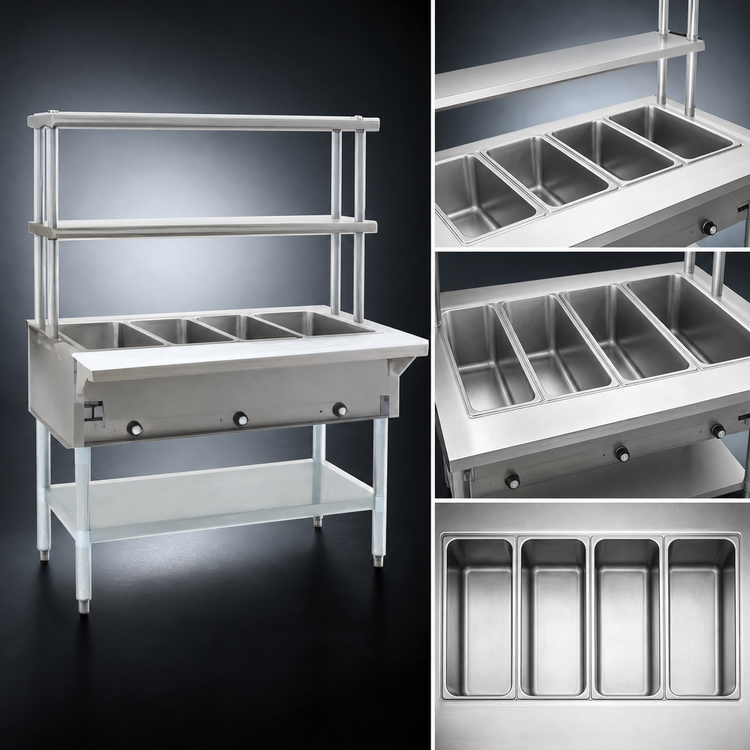 Product image #3 for Eagle Group 63-1/2-Inch Natural Gas Open-Base Hot Food Table with 4 Dry Wells and Double-Tier Flex-Master Overshelves