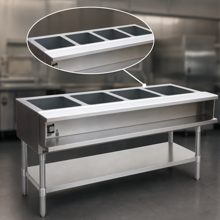Product image #3 for Eagle Group 4-Opening Liquid Propane Water Bath Hot Food Table with Open Base and Undershelf, 63-1/2 Inch Wide