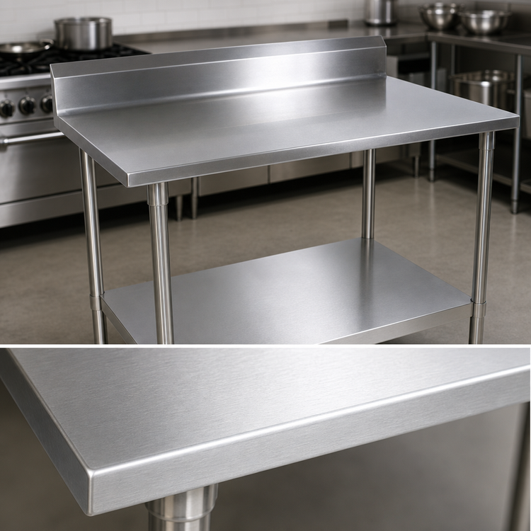 Product image #3 for John Boos Stallion 48" x 30" 14-Gauge 300 Series Stainless Steel Commercial Work Table with 5" Backsplash and Adjustable Undershelf