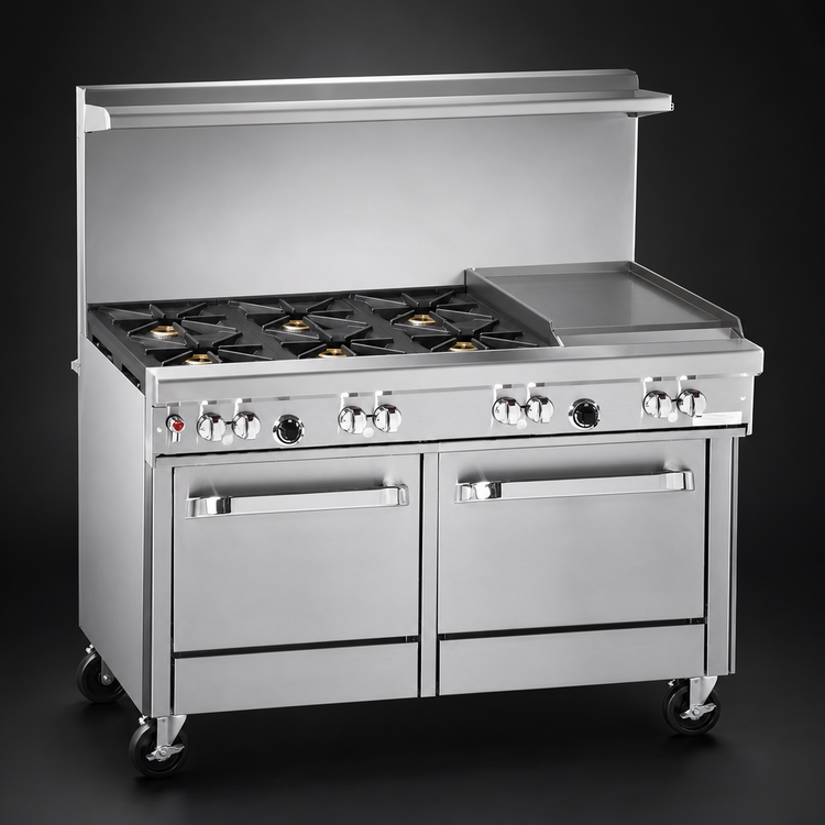 Product image #3 for Southbend Ultimate 48-Inch Gas Restaurant Range with 4 Star/Saute Burners, 24-Inch Thermostatic Griddle, Convection Oven, and Cabinet Base